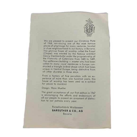 Vintage Bareuther Germany Bavarian China 1968 Christmas Plate Blue "The Chapel"" - Picture 3 of 9